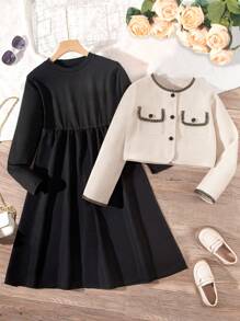 SHEIN Girls' Contrast-trim Jacket And Solid Color Dress Two-piece Set - Multicolor - View 1