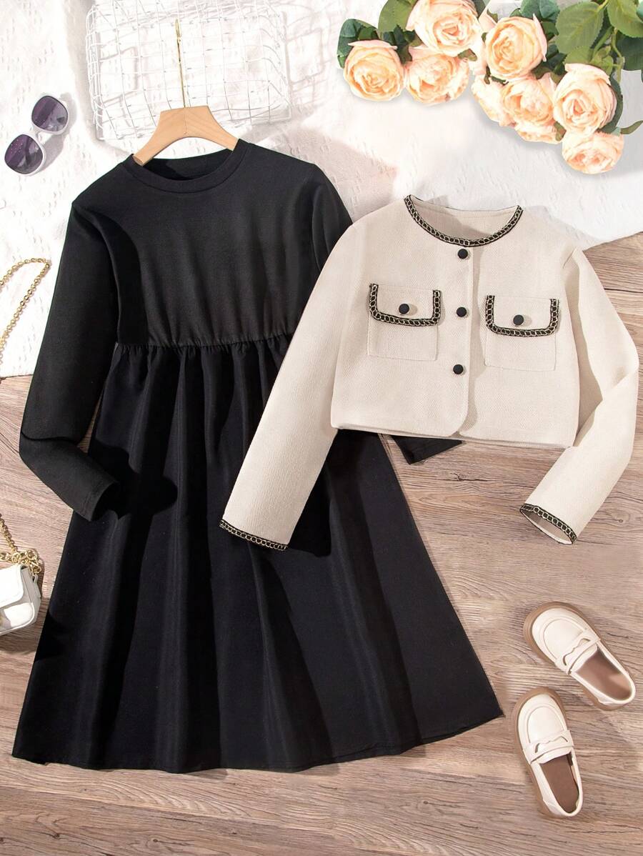 SHEIN Girls' Contrast-trim Jacket And Solid Color Dress Two-piece Set - Multicolor - View 1