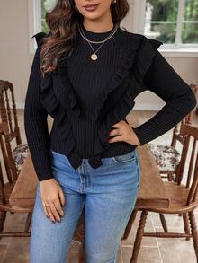 Calvaya Plus Size Ruffle Trim Pullover Sweater - Black - View 5