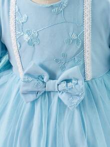 SHEIN Gorgeous, Elegant Bow Puff Sleeve Mesh Dress For Baby Girls, Suitable For Parties - Blue - View 5