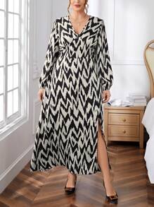 SHEIN Privé 大尺碼印花長袖中長裙 - 彩色 - 查看 1