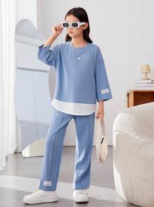 SHEIN Leap Crew Tween Girl Letter Patched Drop Shoulder 2 In 1 Tee & Pants - Blue - View 1