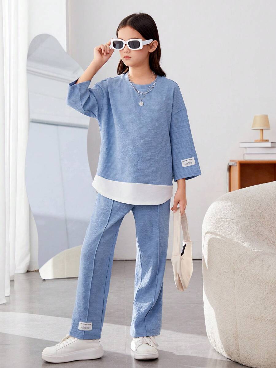 SHEIN Leap Crew Tween Girl Letter Patched Drop Shoulder 2 In 1 Tee & Pants - Blue - View 1