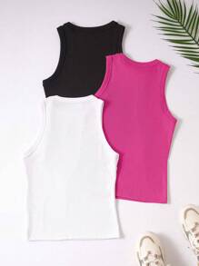 SHEIN Unity 3 Piezas De Camisetas Sin Mangas Con Espalda De Nadador En Color Sólido Para Mujer - Rosa Fucsia - Ver 2