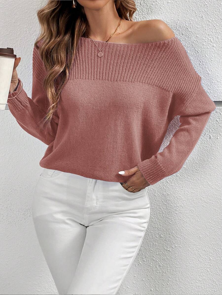 SHEIN Essnce 女款休閒不對稱領口落肩毛衣 - 鏽棕色 - 查看 1