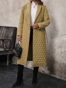 SHEIN Clasi 女士加厚棉袄外套冬季衣服带披肩领、丝带腰带 - 橄欖綠 - 查看 6