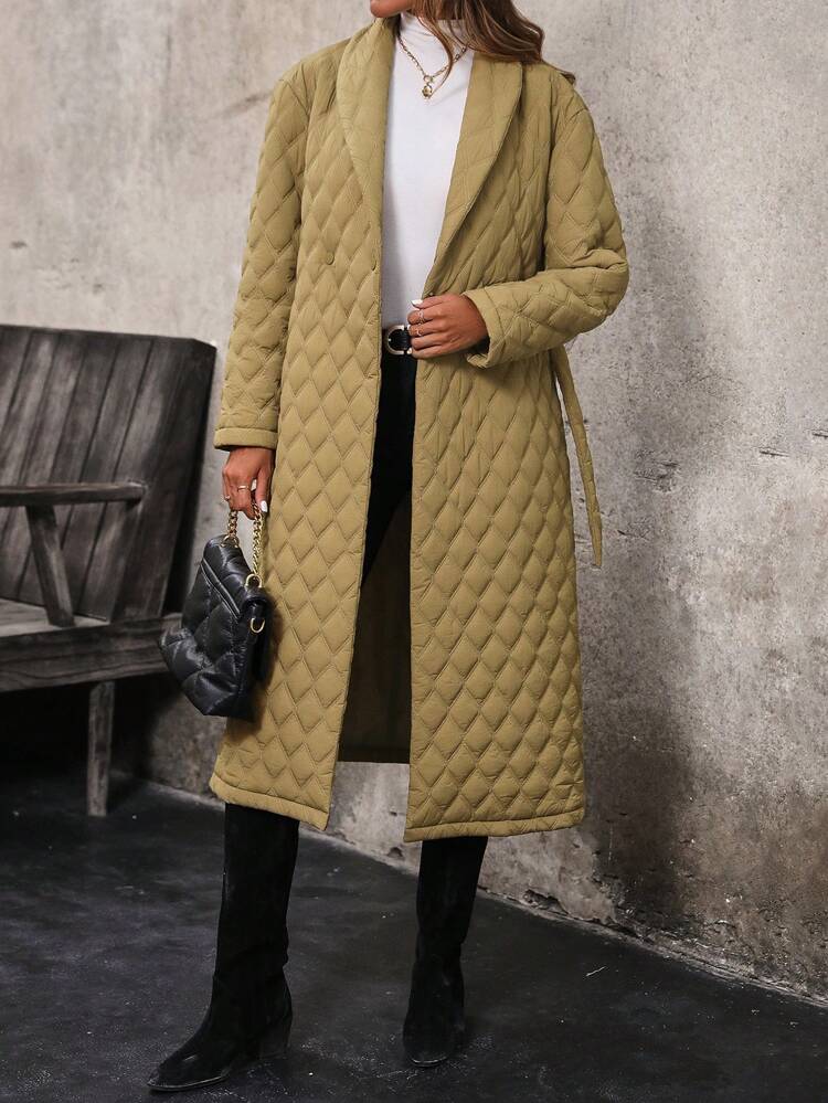 Women's Padded Padded Coat Clothes Winter With Shawl Collar, Ribbon Belt Fall Cloth For Women