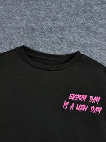 SHEIN 女大童標語圖案落肩袖運動衫 - 黑色 - 查看 4