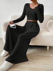Almamuse Solid Color Short Top & Wide Leg Pants Casual 2pcs Outfit Fall Cloth For Women - Black - View 3