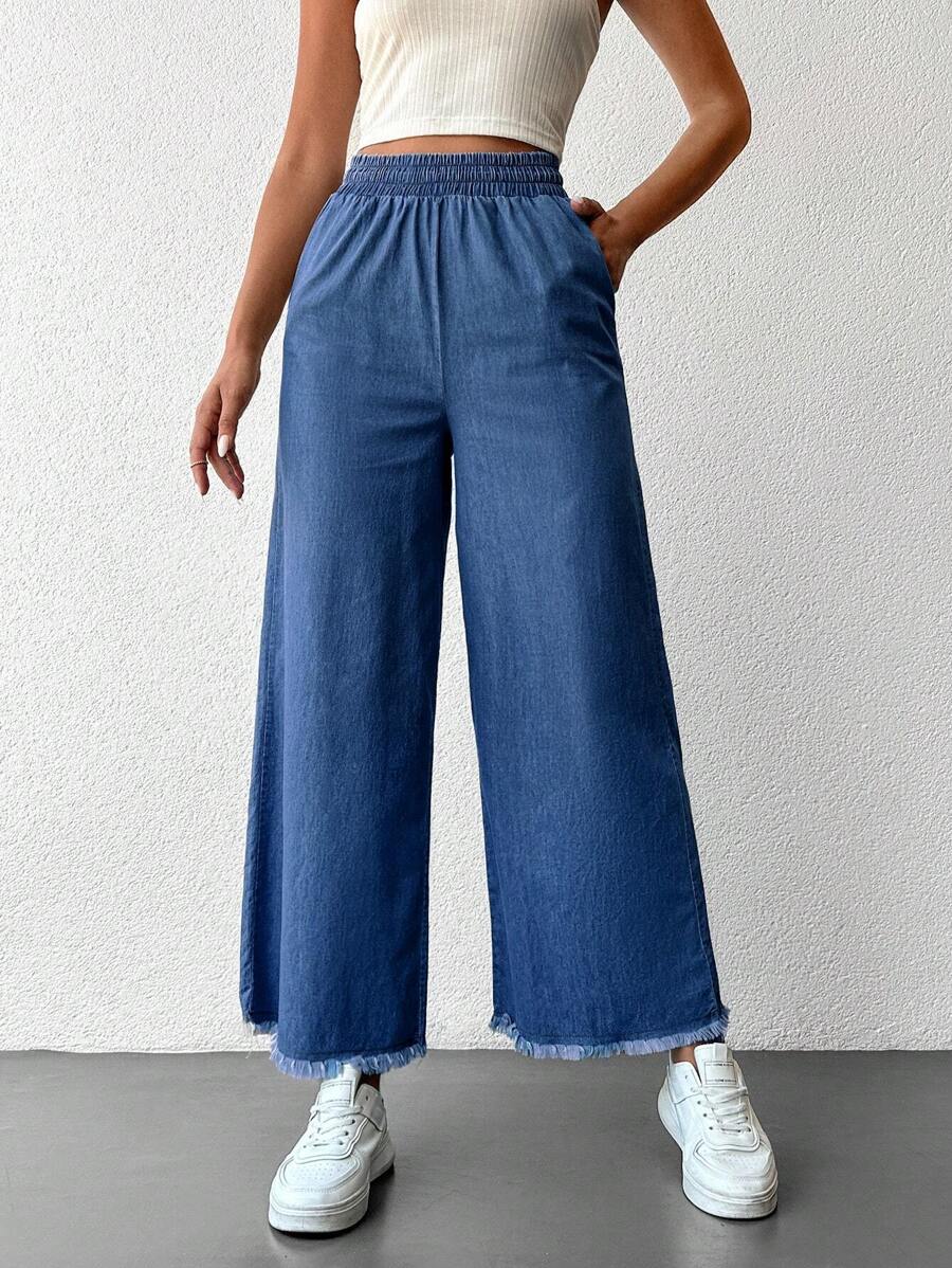 EURMUSE 100%Cotton Wide-Leg Pants With Elasticated Waist And Diagonal Pockets - Dark Wash - View 1
