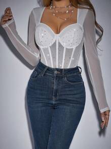 Allurite Body De Malla De Manga Larga Para Mujer Con Decoración De Diamantes De Imitación - Blanco - Ver 6