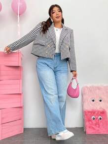 SHEIN EZwear 大碼雙排釦千鳥格西裝外套帶鈕扣細節 - 黑與白 - 查看 7