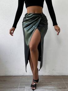 SHEIN Slayr Twist Front Wrap Hem PU Leather Skirt - Army Green - View 3