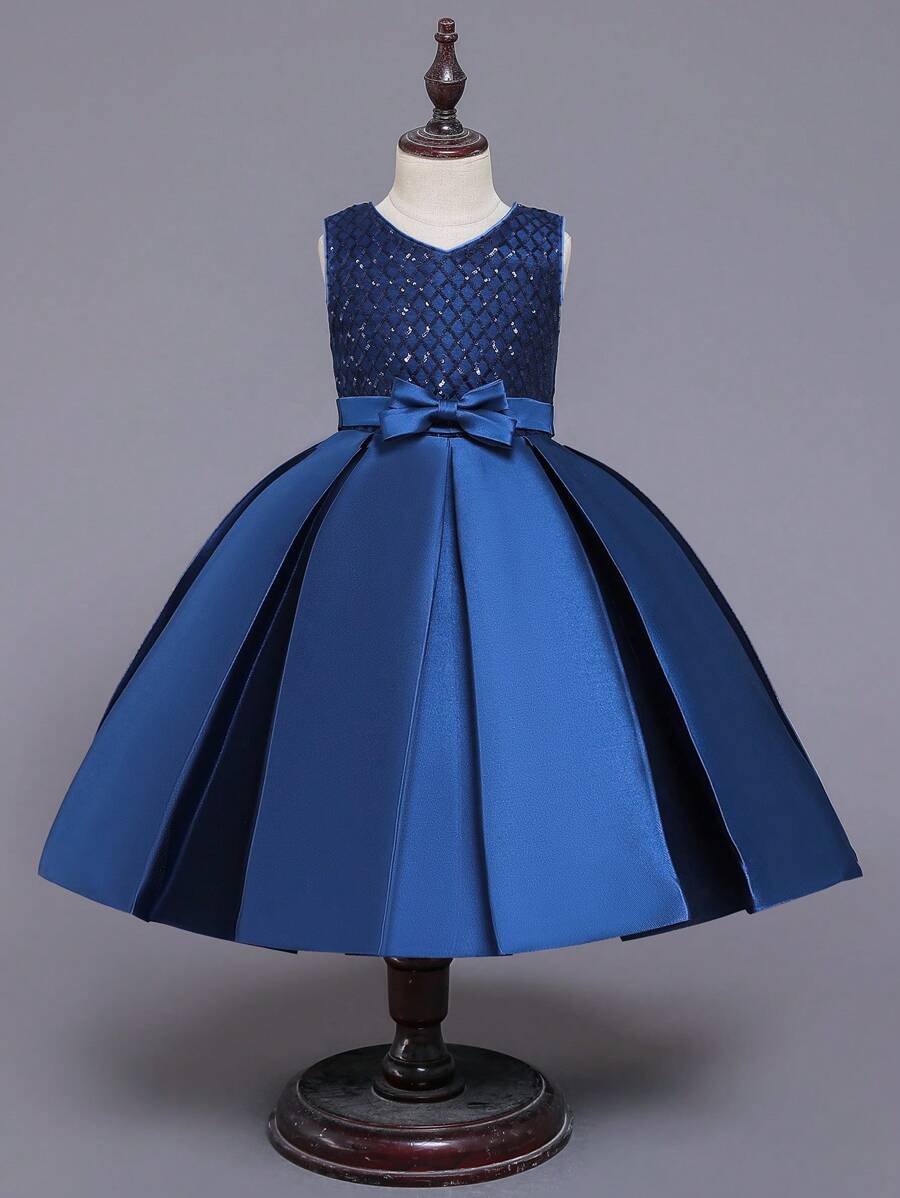 Cô gái Sáng bóng Long lanh Bowknot Đầm Party - Màu xanh hải quân - Xem 1