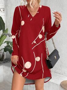 SHEIN LUNE Graphic Print V Neck Dress - Red - View 1