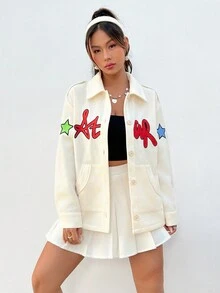 SHEINNeu 女式字母印花常規領夾克 - 白色 - 查看 5