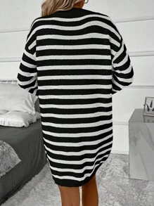 SHEIN Frenchy Striped Sweater Drop Shoulder Knitted Dress - Black - View 2