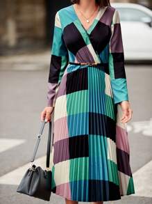 SHEIN Clasi Của phụ nữ Màu tương phản Một nửa Xếp li Đầm Không có A Thắt lưng - Nhiều màu - Xem 5