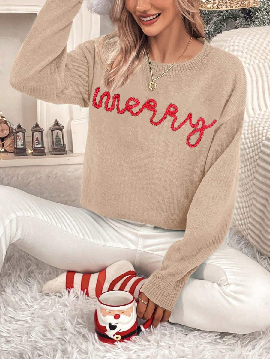 Chiquease Letter Pattern Drop Shoulder Knit Pullover Fall Winter Sweater - Khaki - View 1