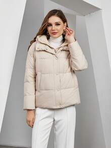 ZIAI Zip Up Drawstring Hooded Padded Coat - Beige - View 5