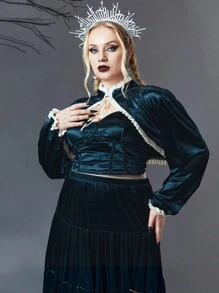 ROMWE Goth Hơn Lá sen tỉa Cà vạt Tay áo lồng đèn Siêu Crop Top - xanh quân đội - Xem 3