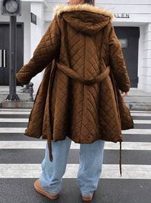 Flirla 加大码连帽冬季羽绒服 带毛领和腰带 - 咖啡棕 - 查看 2