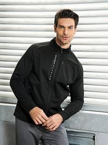 Manfinity Sport Corelite Boyfriend Style Men's Letter Print Zip-Front Raglan Sleeve Sports Jacket With Front Pockets Workout Tops