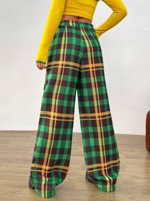 SHEINNeu 女性星星&格紋圖案闊腿褲 - 綠色 - 查看 2
