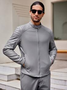 Manfinity VCAY Áo khoác trơn có khóa kéo thường ngày cho nam mùa thu, mùa đông - Xám - Xem 5