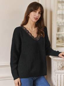 SHEIN Frenchy 女裝蕾絲拼接下垂肩毛衣 - 黑色 - 查看 6