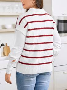 Calvaya Plus Striped Pattern Drop Shoulder Knit Top Without Blouse - White - View 2