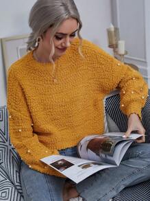 SHEIN LUNE Của phụ nữ Áo len Với Ngọc trai Giả Đồ trang trí , Tròn Đường viền cổ áo , Tay áo dài - Màu vàng - Xem 6