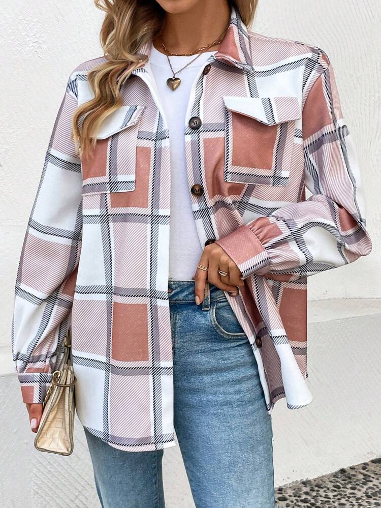 Plaid Print Flap Pocket Overcoat Fall Cloth For Women