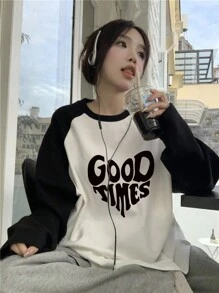 女式字母印花拼接圓肩長袖T恤