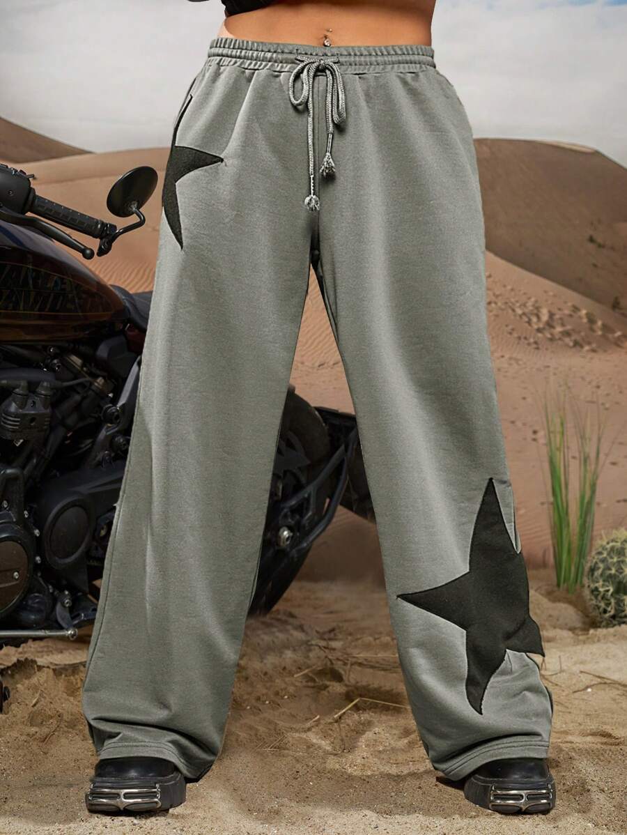SHEIN EZwear Plus Star Print Drawstring Waist Sweatpants - Light Grey - View 1