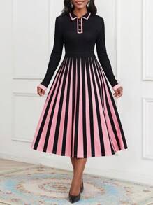 SHEIN Lady Women's Striped Turn-down Collar Dress - Multicolor - View 3