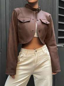 SHEIN Unity Chi tiết về Flap Mùa vụ Da giả Áo khoác - Cà phê nâu - Xem 3