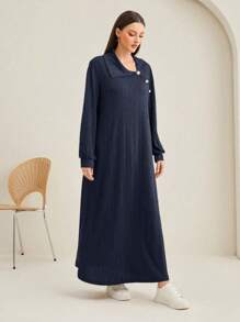 Seusyu 女式不对称领扣装饰阿拉伯连衣裙 - 藏蓝色 - 查看 6