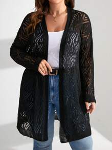 SHEIN LUNE Plus Size Solid Pointelle Knit Cardigan Fall Winter Cloth For Women - Black - View 1