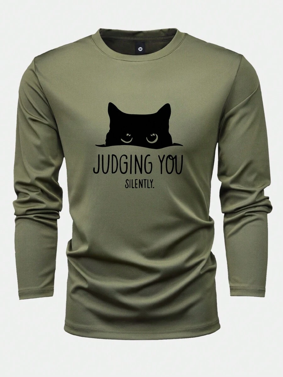 Men's Regular Fit Long Sleeve T-shirt With Letter & Cat Print For Spring And Autumn - Army Green - View 1