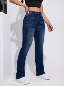 SHEIN EZwear 女式純色牛仔褲 - 中等水洗藍 - 查看 1