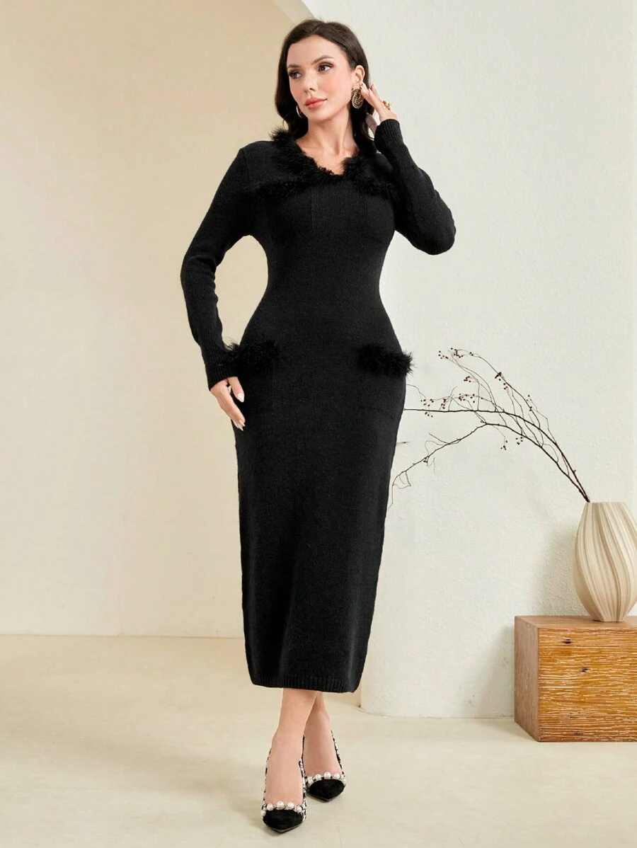 Modelyn Của phụ nữ Lông Vá lại Đầm Áo len - màu đen - Xem 1