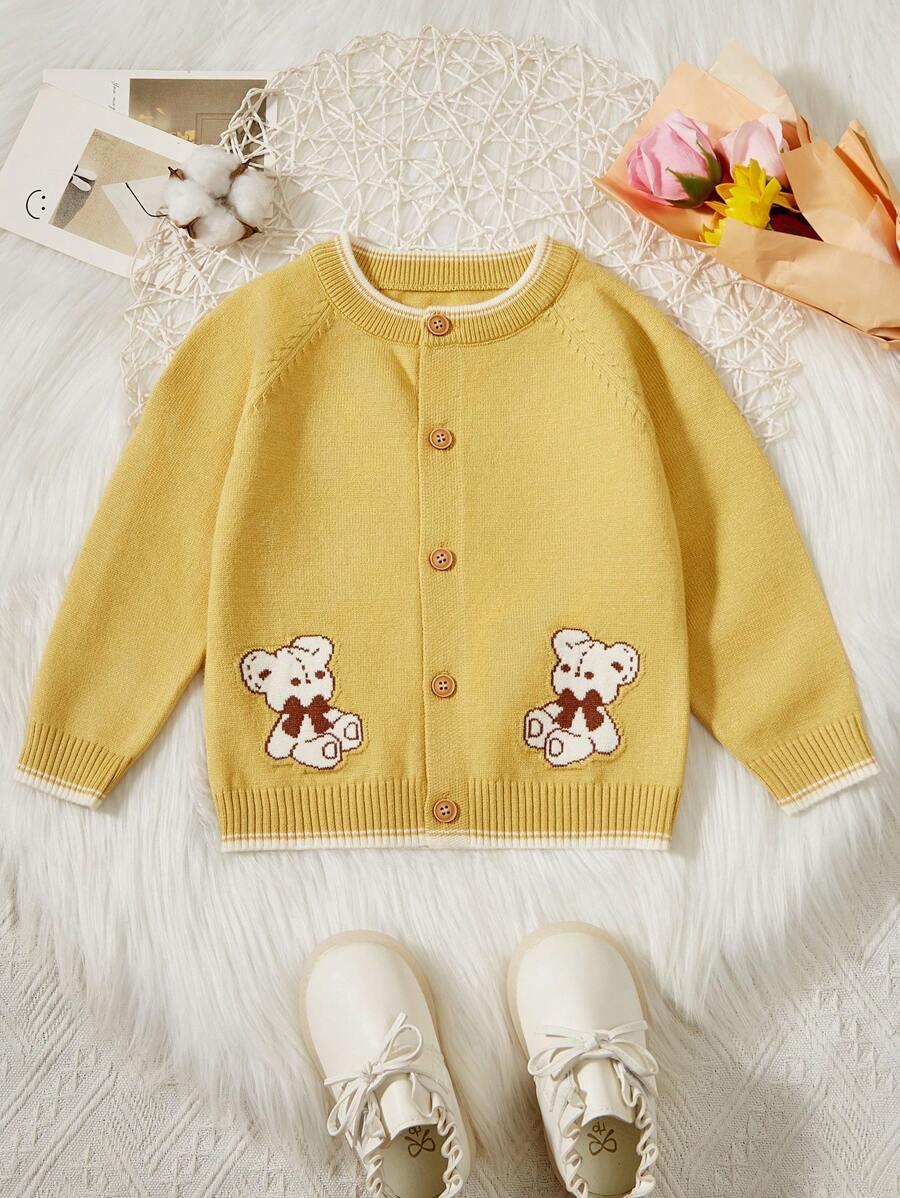男寶寶熊圖案鈕扣針織羊毛衫,瑞士袖 - 黃色 - 查看 1