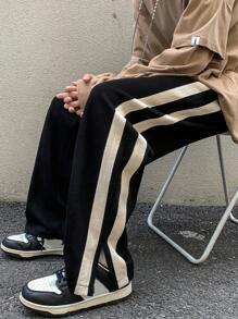 側邊條紋寬腿運動褲,開叉細節舒適寬松版型 - 黑色 - 查看 5