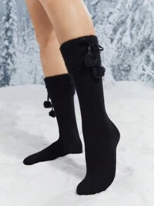 ROMWE Goth Pom Pom Decor Solid Crew Socks - Black - View 1