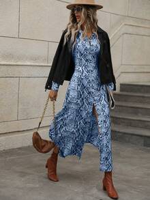 SHEIN LUNE Snakeskin Print Button Front Shirt Dress - Blue - View 4