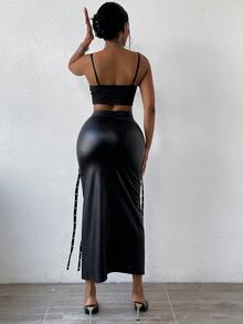 SHEIN SXY Cao eo Thùa khuyết Chi tiết khóa Túi có nắp Tách đùi Váy - màu đen - Xem 2