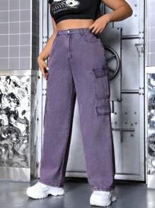 SHEIN ICON 大码翻盖口袋男友风牛仔裤 - 紫色 - 查看 6