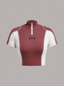 SHEIN ICON Khối màu Áo thun Với Lá thư Nghệ Embellished - Gỗ đỏ - Xem 1