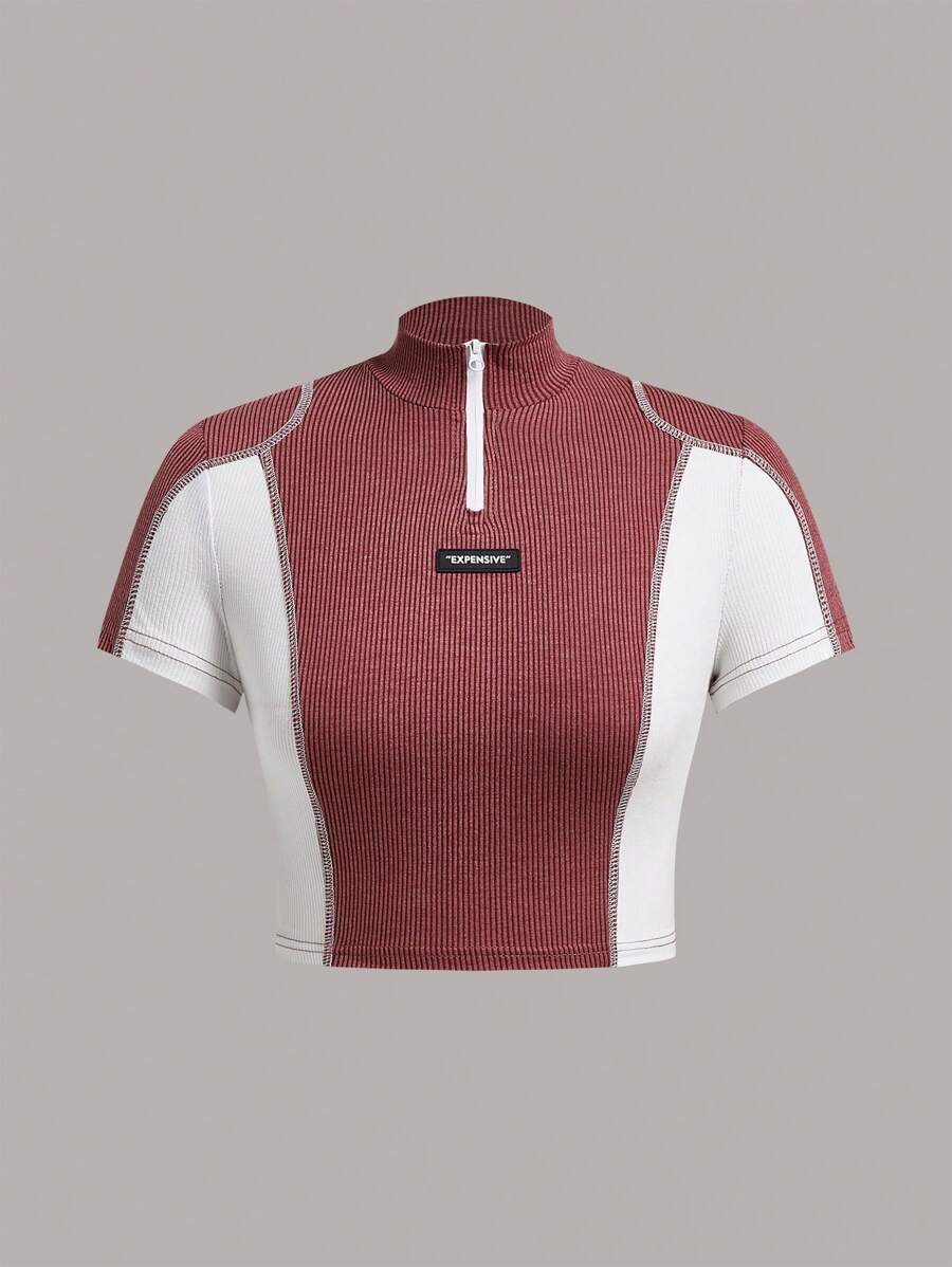 SHEIN ICON Khối màu Áo thun Với Lá thư Nghệ Embellished - Gỗ đỏ - Xem 1